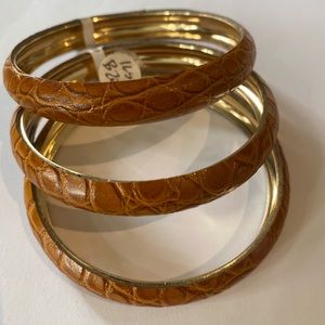 Gold plated tan leather croc 3 bangles
